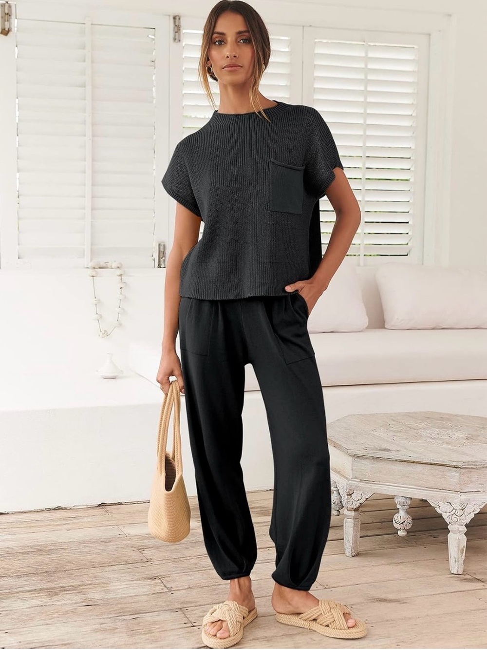 Anrabess Women’s Casual Black Ribbed Pocket Two- Piece Elevated Set, Size Medium - Picture 5 of 16